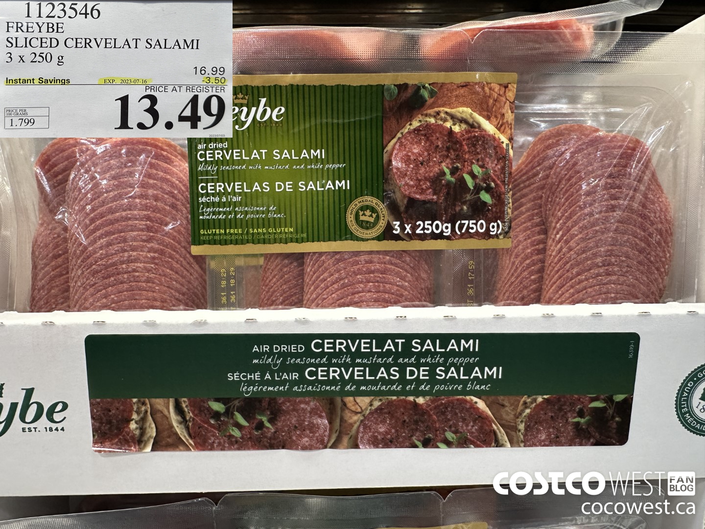 1123546 FREYBE SLICED CERVELAT SALAMI 3 x 250 g ($3.50 INSTANT SAVINGS EXPIRES ON 2023-07-16) $13.49