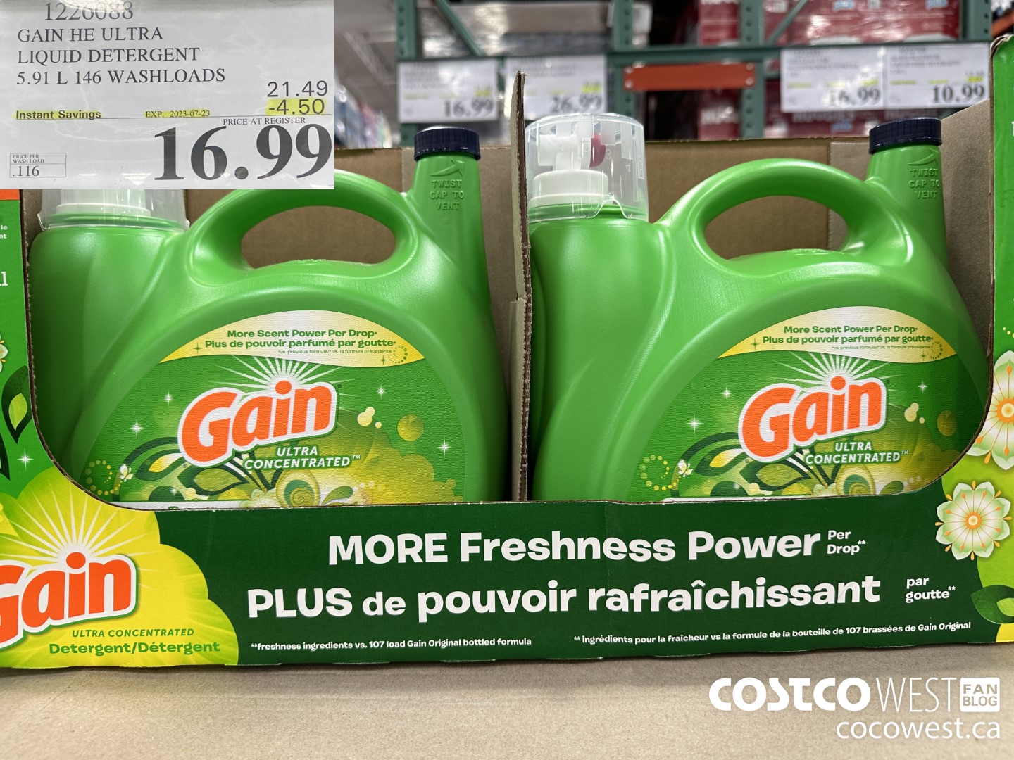 1226088 GAIN HE ULTRA LIQUID DETERGENT 5.91 L 146 WASHLOADS ($4.50 INSTANT SAVINGS EXPIRES ON 2023-07-23) $16.99