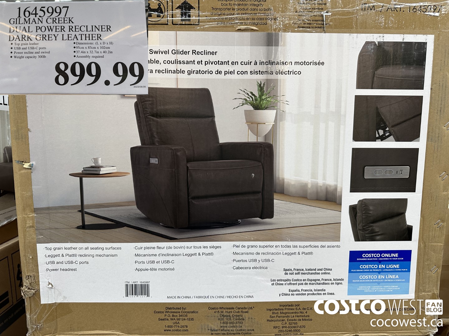 1645997 GILMAN CREEK DUAL POWER RECLINER DARK GREY LEATHER $899.99