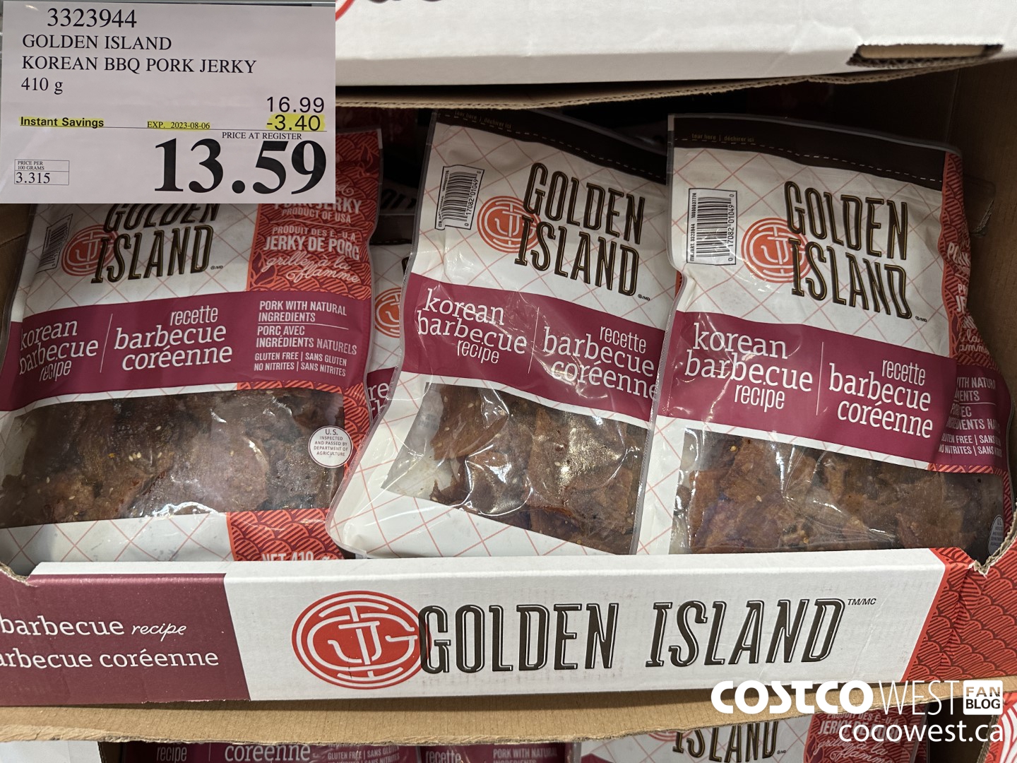 3323944 GOLDEN ISLAND KOREAN BBQ PORK JERKY 410G ($3.40 INSTANT SAVINGS EXPIRES ON 2023-08-06) $13.59