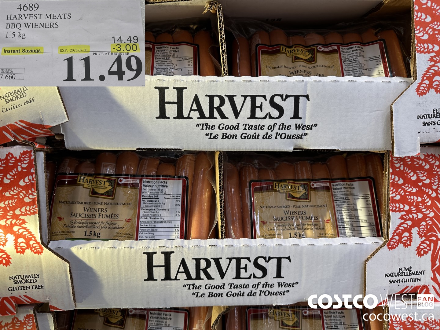 4689 HARVEST MEATS BBQ WIENERS 1.5 KG ($3.00 INSTANT SAVINGS EXPIRES ON 2023-07-30) $11.49