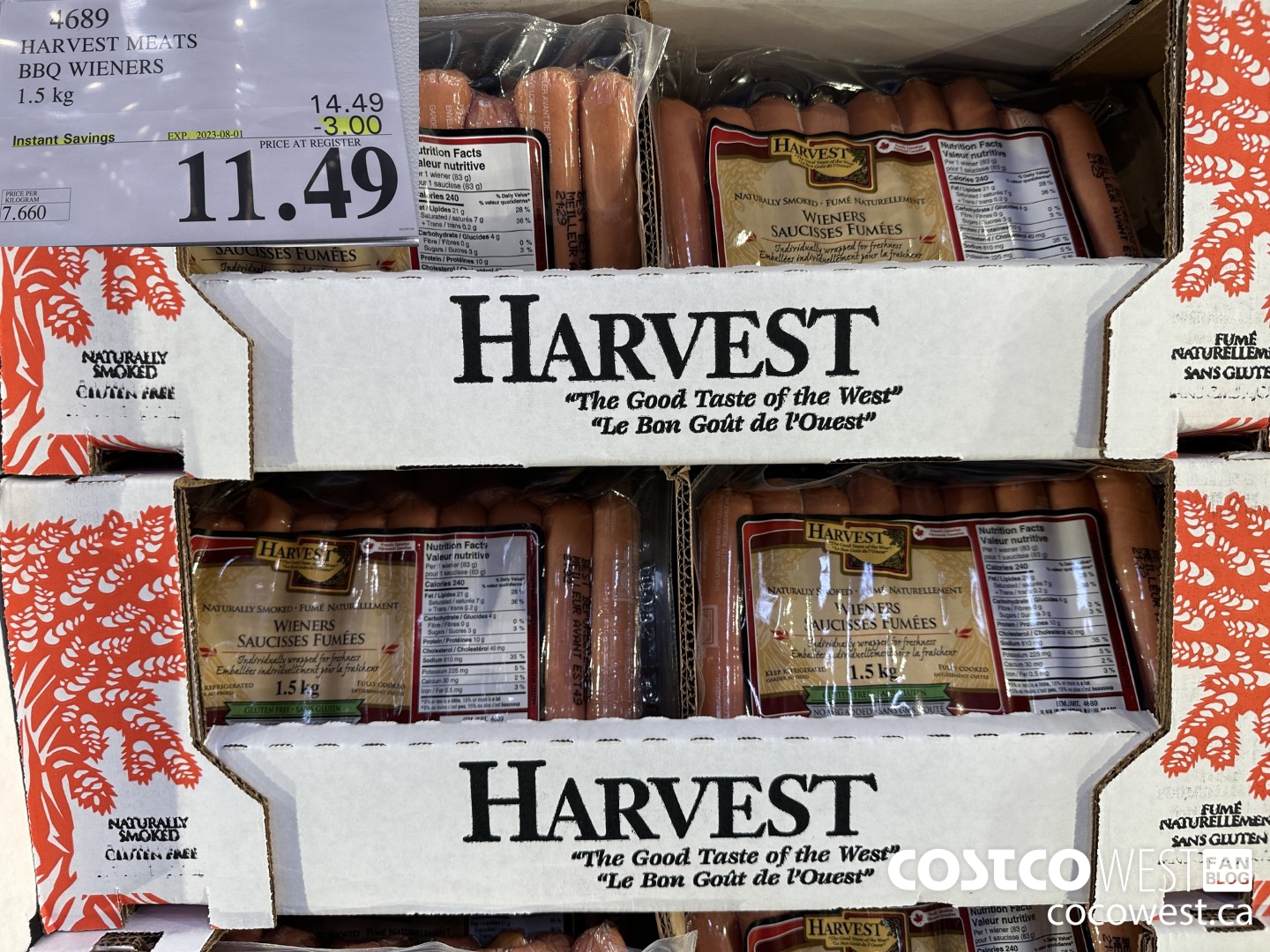 4689 HARVEST MEATS BBQ WIENERS 1.5 KG ($3.00 INSTANT SAVINGS EXPIRES ON 2023-08-01) $11.49