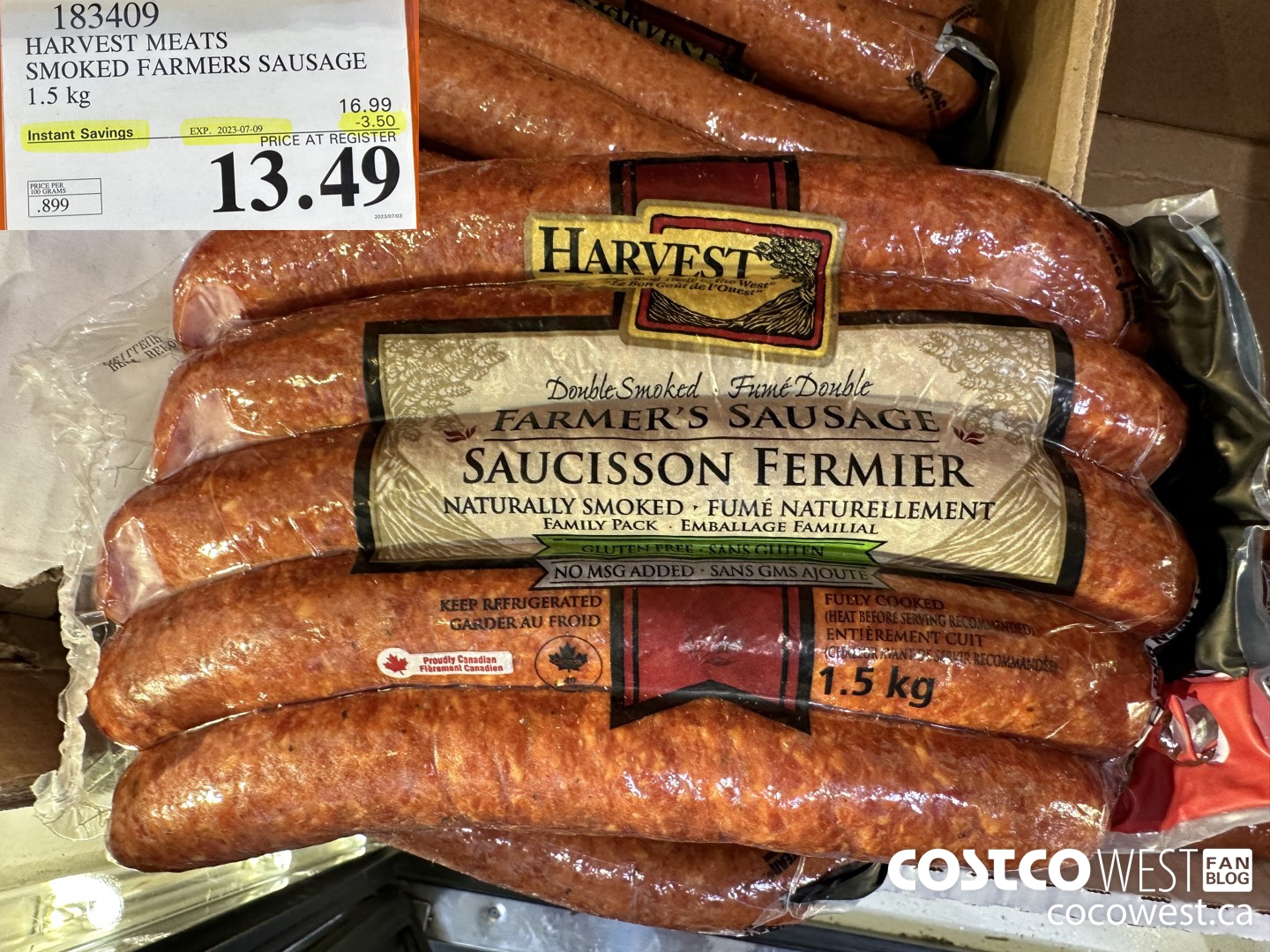 183409 HARVEST MEATS SMOKED FARMERS SAUSAGE 1.5 kg ($3.50 INSTANT SAVINGS EXPIRES ON 2023-07-09) $13.49