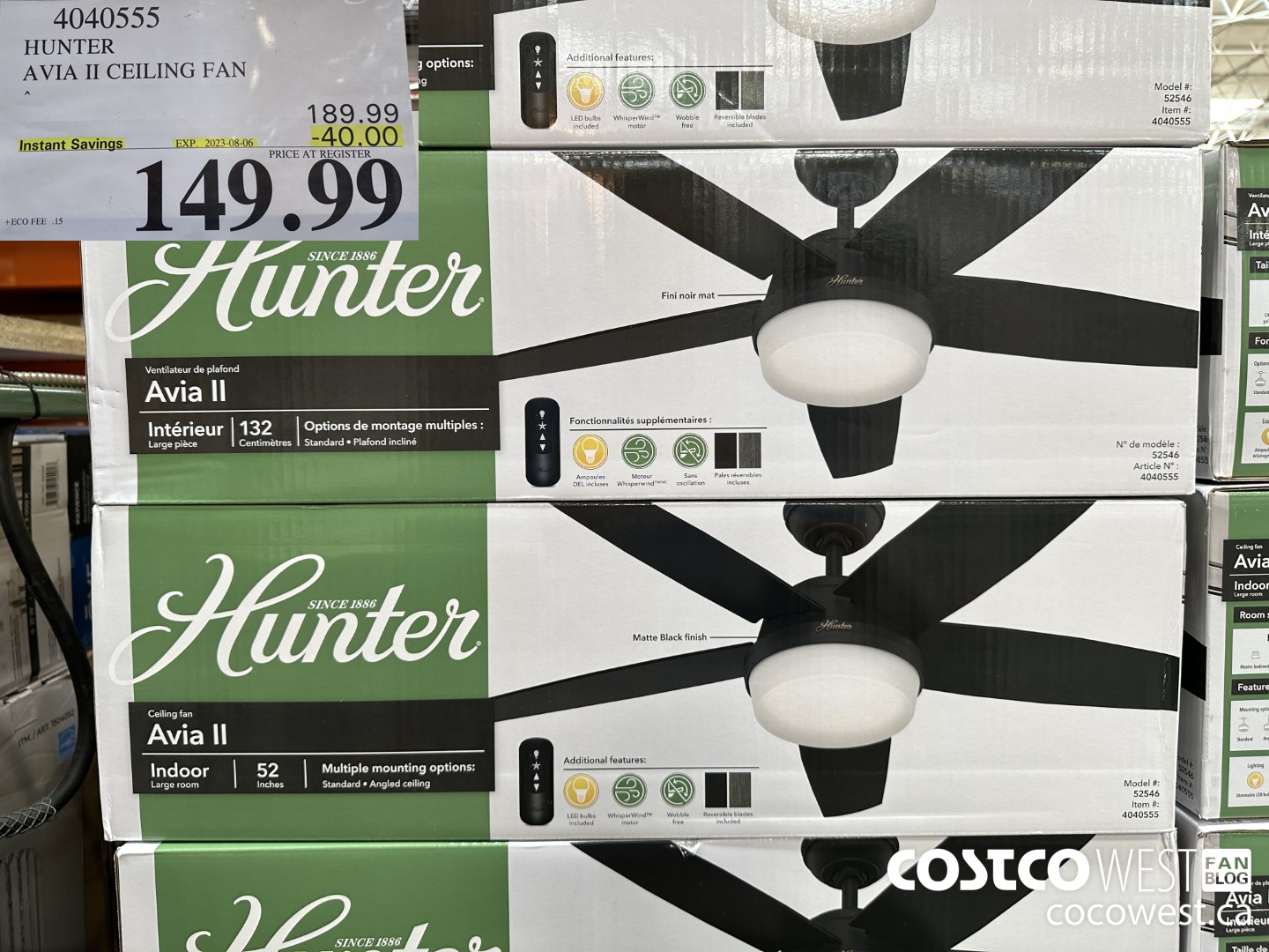 4040555 HUNTER AVIA II CEILING FAN ($40.00 INSTANT SAVINGS EXPIRES ON 2023-08-06) $149.99