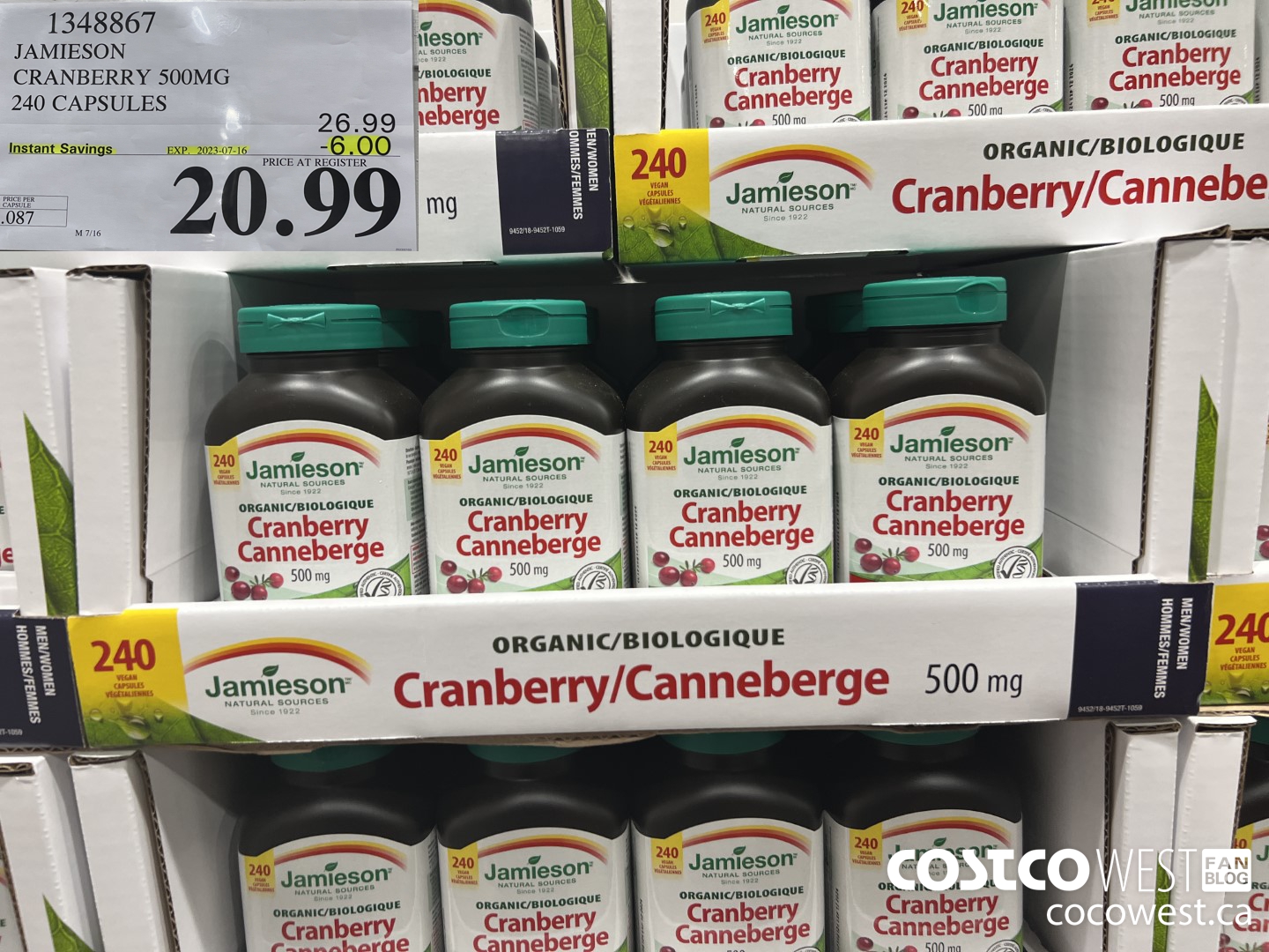 1348867 JAMIESON CRANBERRY 500MG 240 CAPSULES ($6.00 INSTANT SAVINGS EXPIRES ON 2023-07-16) $20.99