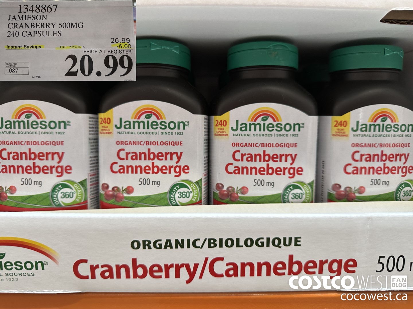 1348867 JAMIESON CRANBERRY 500MG 240 CAPSULES ($6.00 INSTANT SAVINGS EXPIRES ON 2023-07-16) $20.99