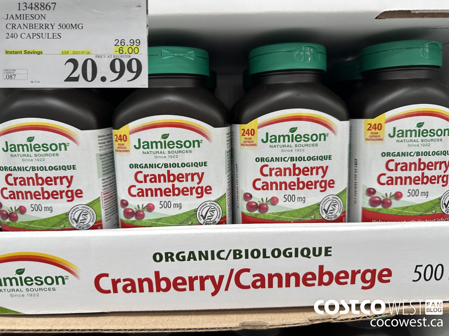 1348867 JAMIESON CRANBERRY 500MG 240 CAPSULES ($6.00 INSTANT SAVINGS EXPIRES ON 2023-07-16) $20.99