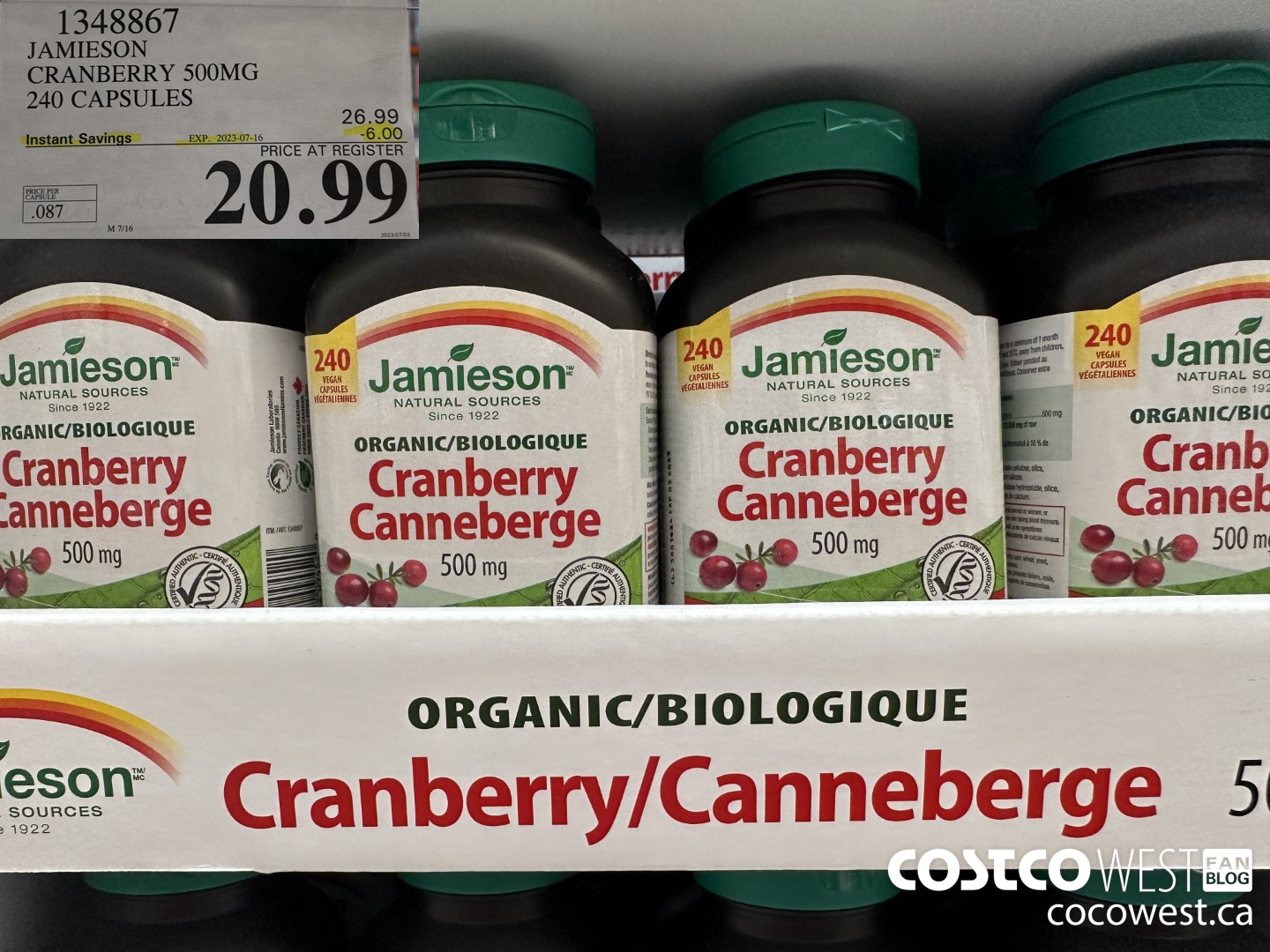 1348867 JAMIESON CRANBERRY 500MG 240 CAPSULES ($6.00 INSTANT SAVINGS EXPIRES ON 2023-07-16) $20.99