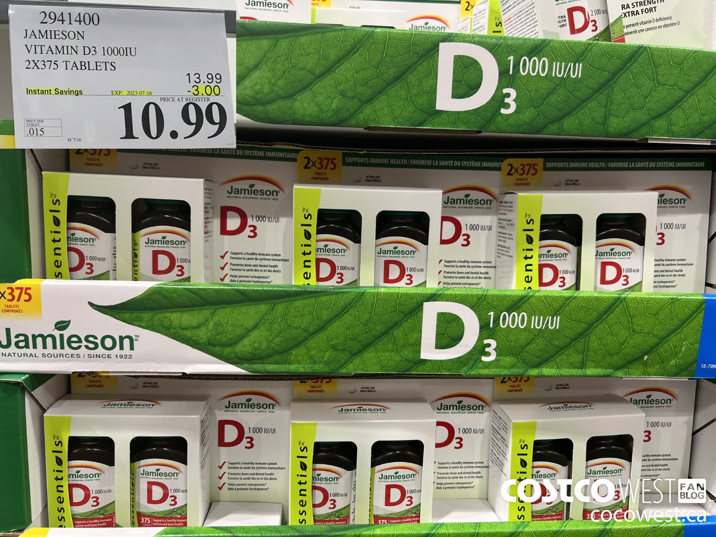 2941400 JAMIESON VITAMIN D3 1000IU 2X375 TABLETS ($3.00 INSTANT SAVINGS EXPIRES ON 2023-07-16) $10.99