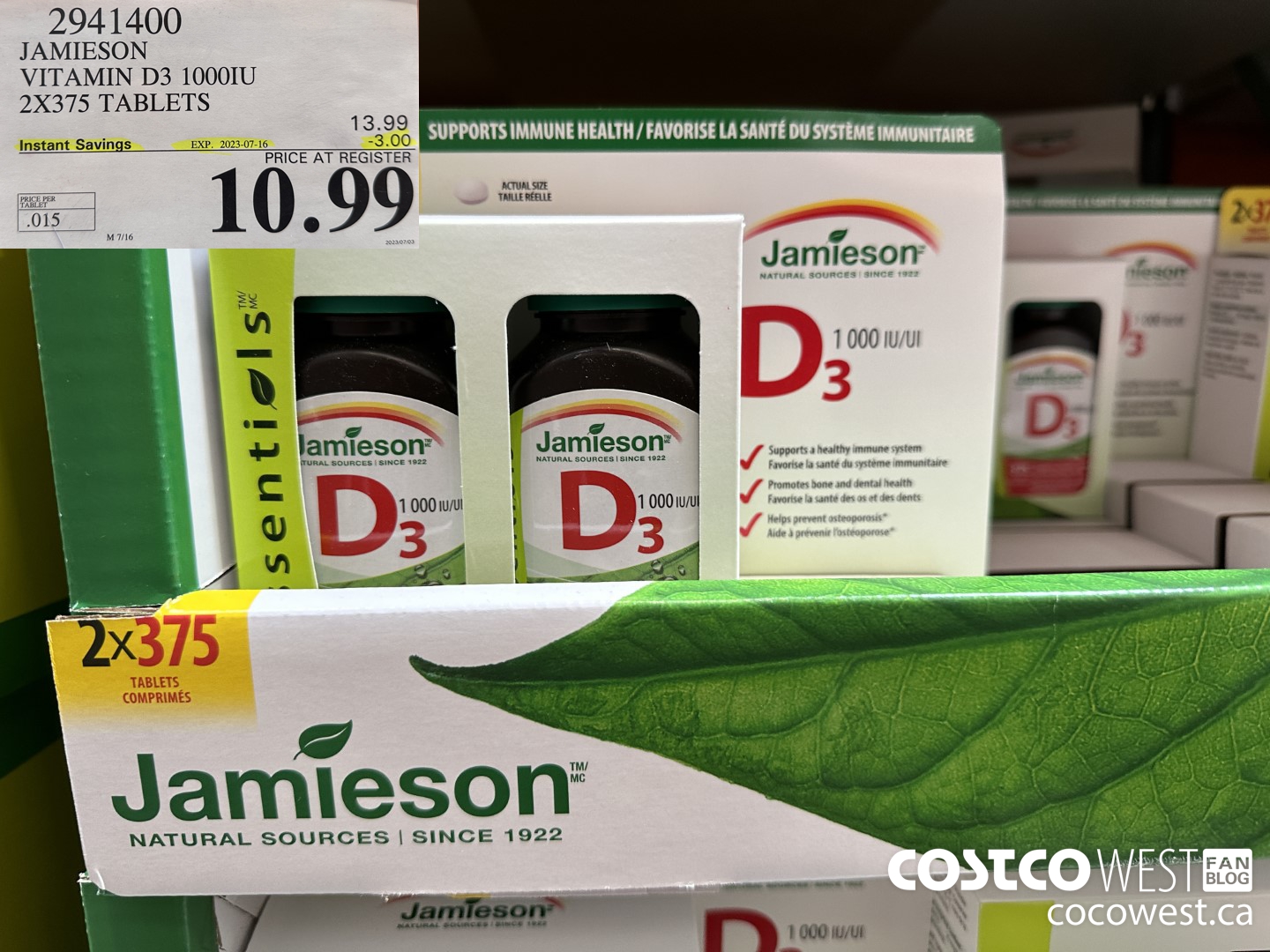 2941400 JAMIESON VITAMIN D3 1000IU 2X375 TABLETS ($3.00 INSTANT SAVINGS EXPIRES ON 2023-07-16) $10.99