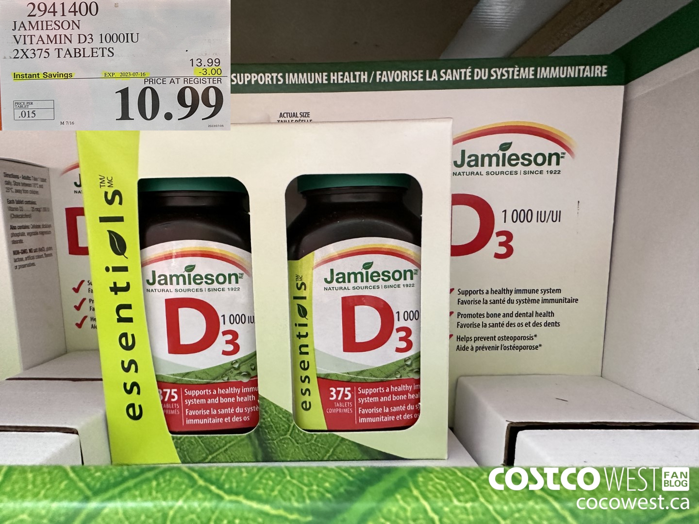 2941400 JAMIESON VITAMIN D3 1000IU 2X375 TABLETS ($3.00 INSTANT SAVINGS EXPIRES ON 2023-07-16) $10.99