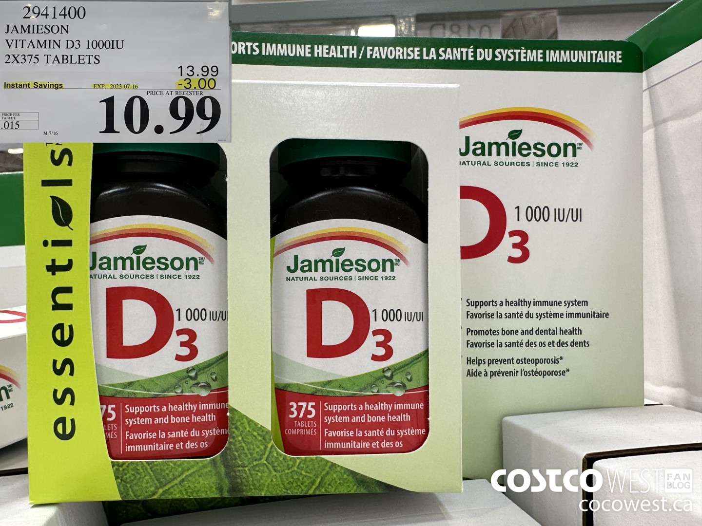 2941400 JAMIESON VITAMIN D3 1000IU 2X375 TABLETS ($3.00 INSTANT SAVINGS EXPIRES ON 2023-07-16) $10.99