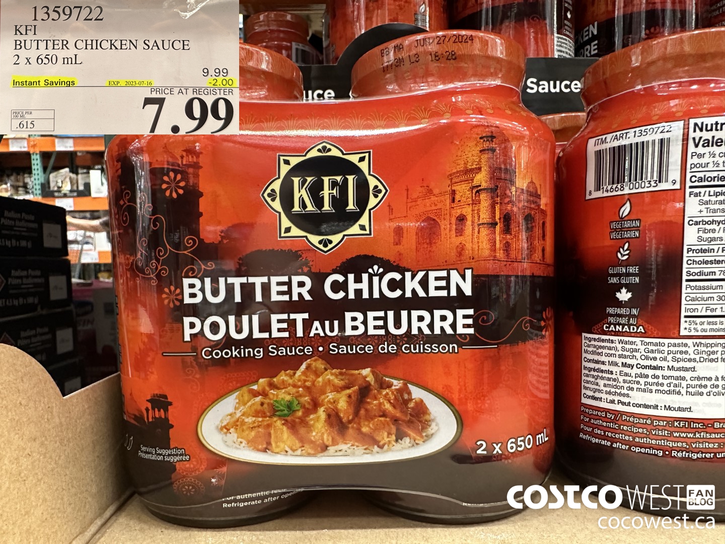 1359722 KFI BUTTER CHICKEN SAUCE 2 x 650 mL ($2.00 INSTANT SAVINGS EXPIRES ON 2023-07-16) $7.99