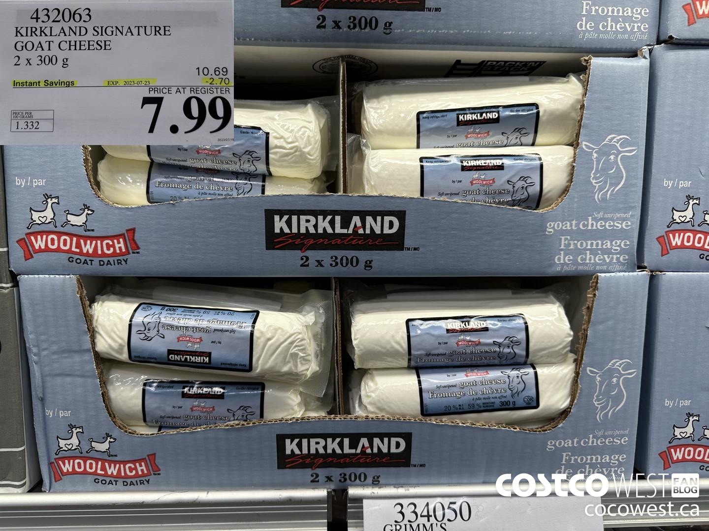 432063 KIRKLAND SIGNATURE GOAT CHEESE 2 x 300 g ($2.70 INSTANT SAVINGS EXPIRES ON 2023-07-23) $7.99