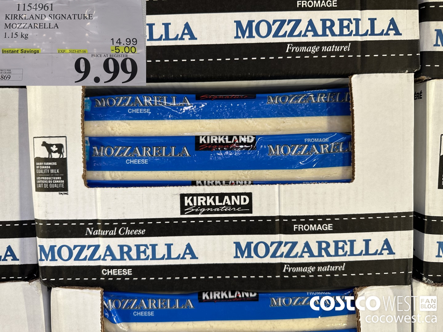 1154961 KIRKLAND SIGNATURE MOZZARELLA 1.15 KG ($5.00 INSTANT SAVINGS EXPIRES ON 2023-07-16) $9.99