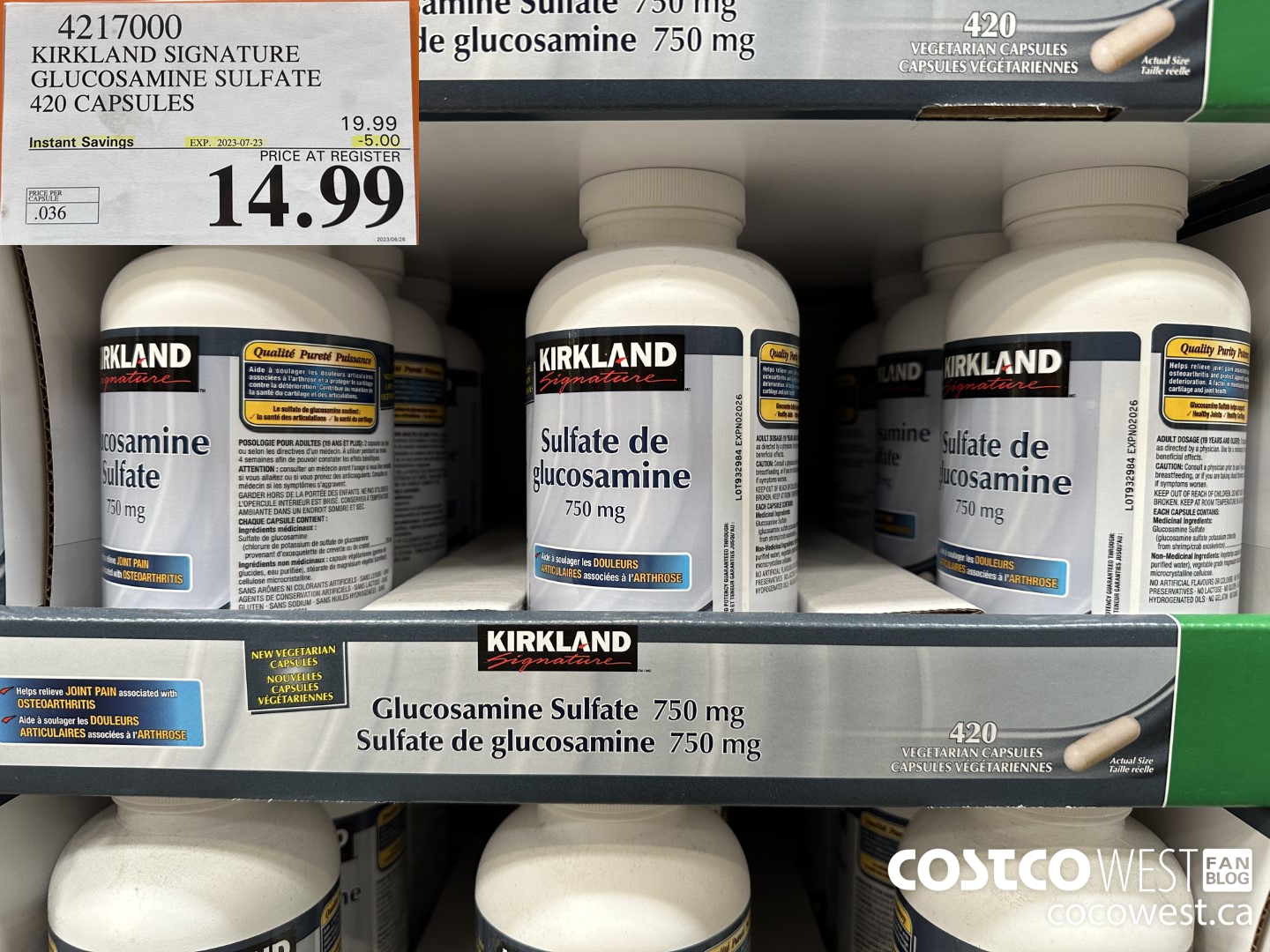 4217000 KS GLUCOSAMINE SULFATE NO SODIUM 750MG 420 CAPSULES ($5.00 INSTANT SAVINGS EXPIRES ON 2023-07-23) $14.99