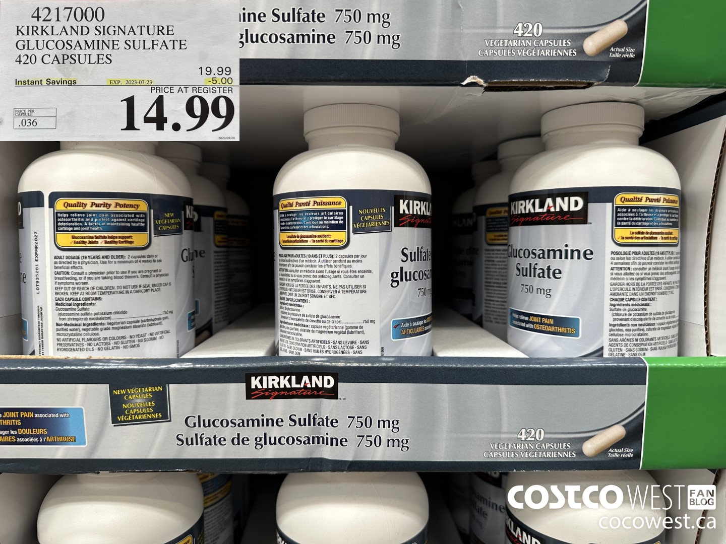 4217000 KS GLUCOSAMINE SULFATE NO SODIUM 750MG 420 CAPSULES ($5.00 INSTANT SAVINGS EXPIRES ON 2023-07-23) $14.99