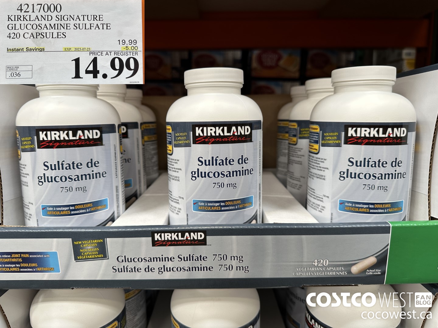 4217000 KS GLUCOSAMINE SULFATE NO SODIUM 750MG 420 CAPSULES ($5.00 INSTANT SAVINGS EXPIRES ON 2023-07-23) $14.99