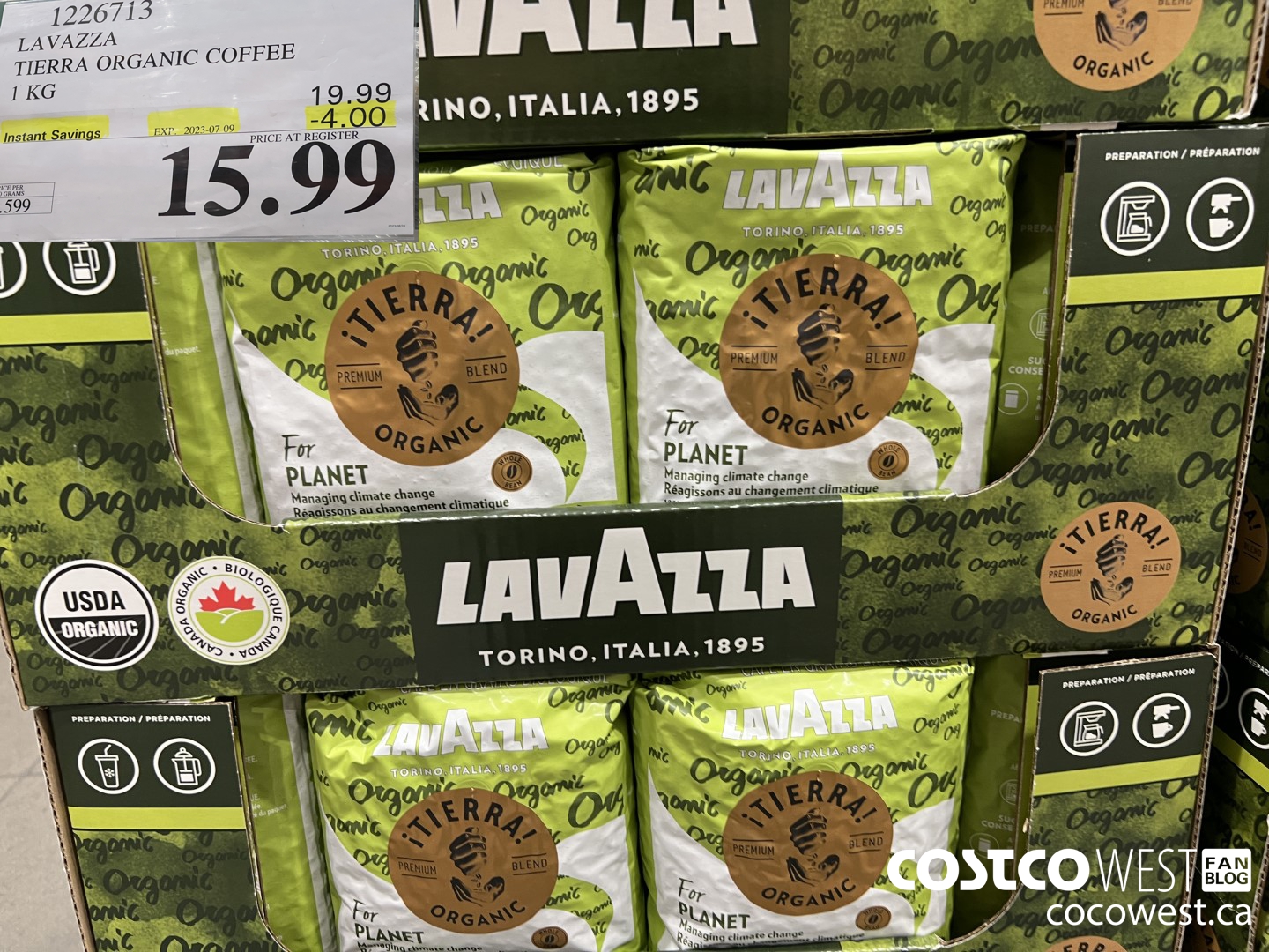 1226713 LAVAZZA TIERRA ORGANIC COFFEE 1 KG ($4.00 INSTANT SAVINGS EXPIRES ON 2023-07-09) $15.99