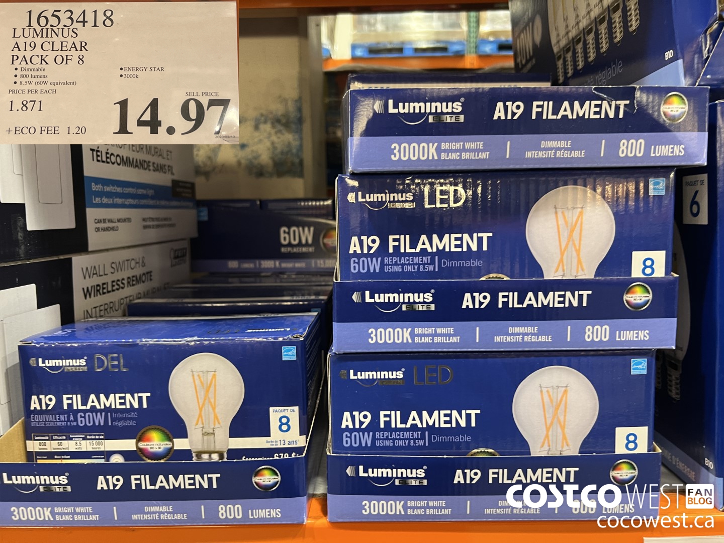 1653418 LUMINUS A19 CLEAR PACK OF 8 $14.97