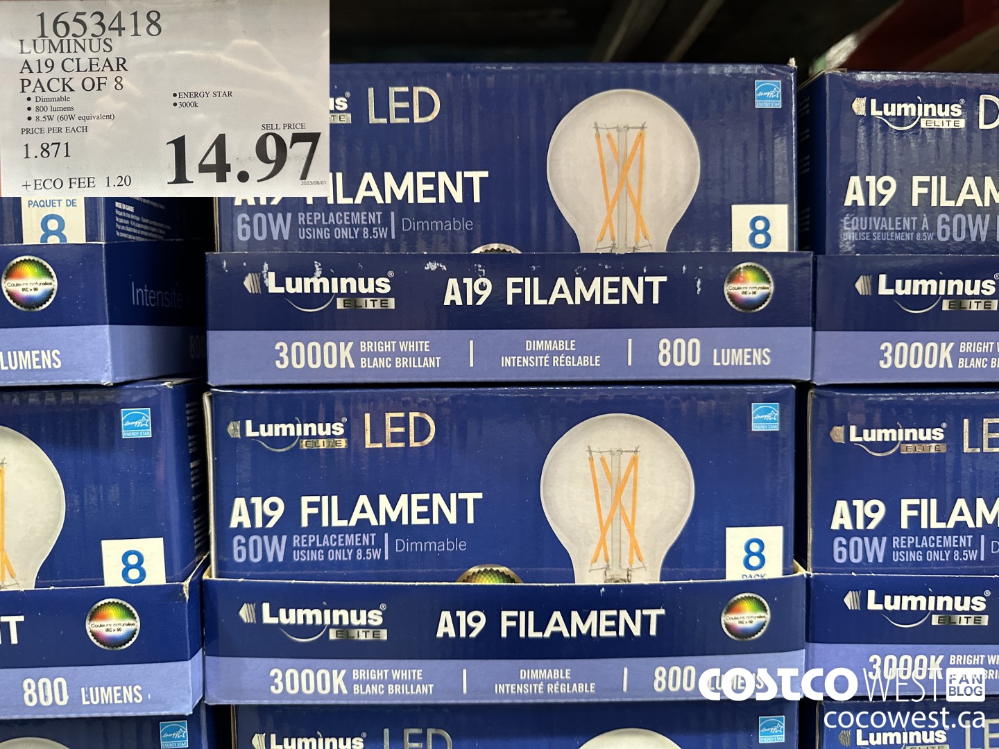 1653418 LUMINUS A19 CLEAR PACK OF 8 $14.97