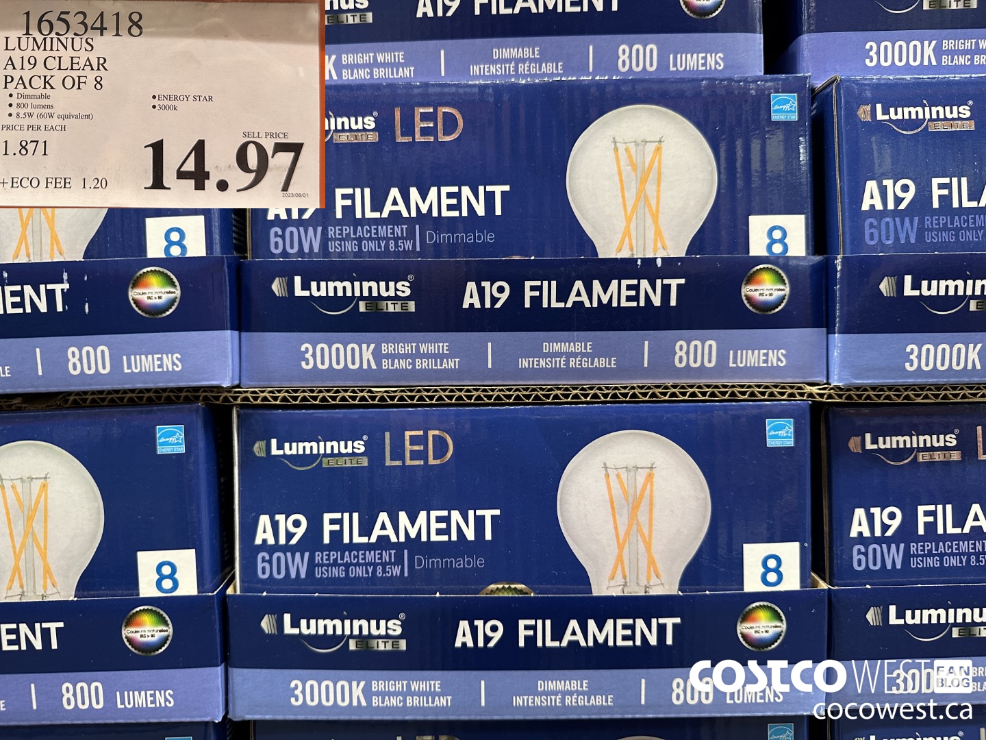 1653418 LUMINUS A19 CLEAR PACK OF 8 $14.97