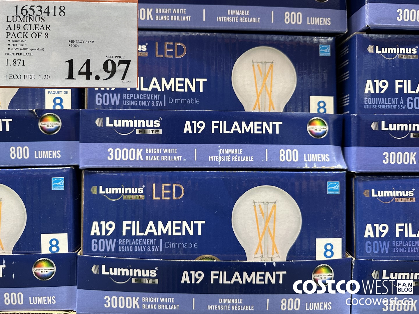 1653418 LUMINUS A19 CLEAR PACK OF 8 $14.97