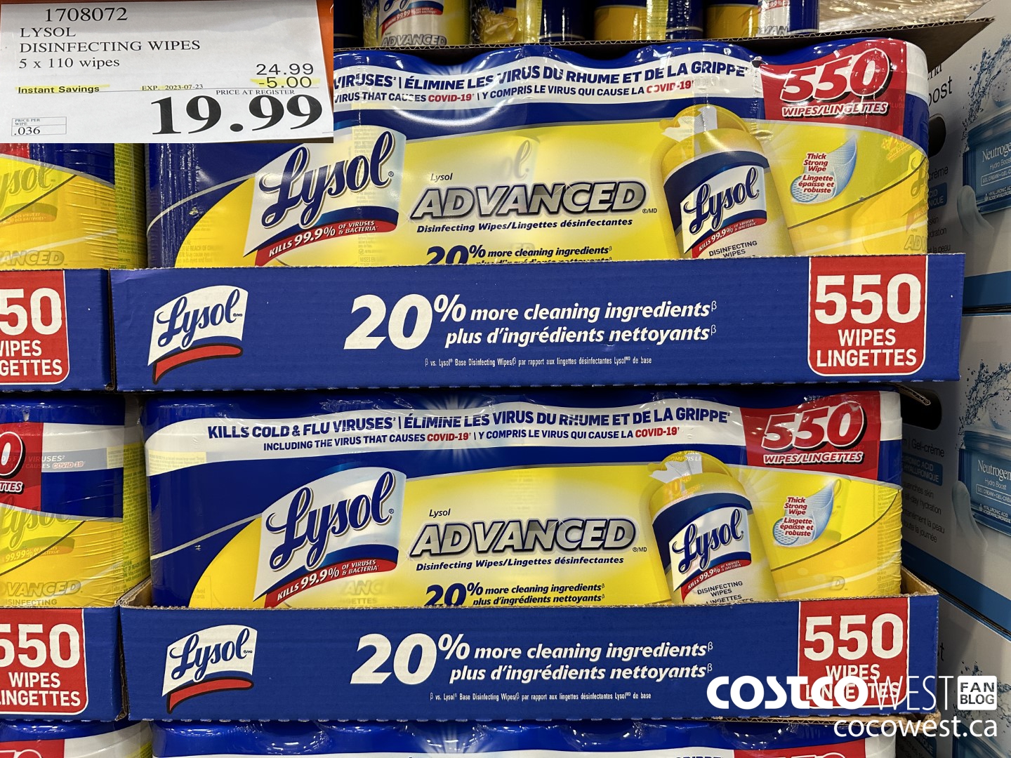 1708072 LYSOL DISINFECTING WIPES 5 X 110 WIPES ($5.00 INSTANT SAVINGS EXPIRES ON 2023-07-23) $19.99