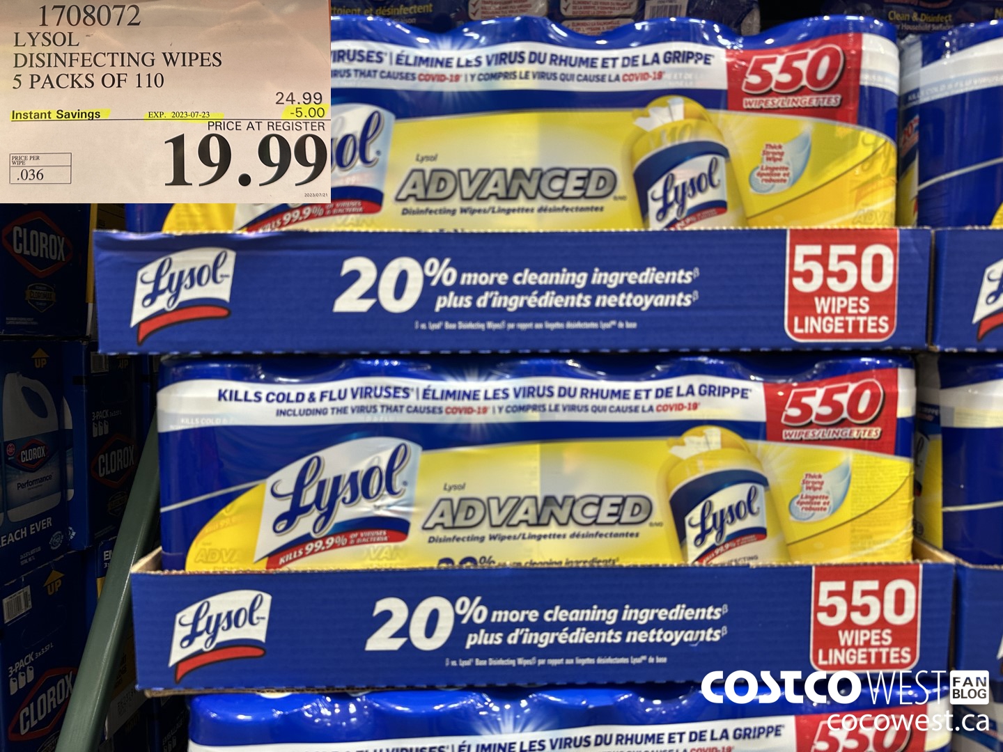 1708072 LYSOL DISINFECTING WIPES 5 X 110 WIPES ($5.00 INSTANT SAVINGS EXPIRES ON 2023-07-23) $19.99