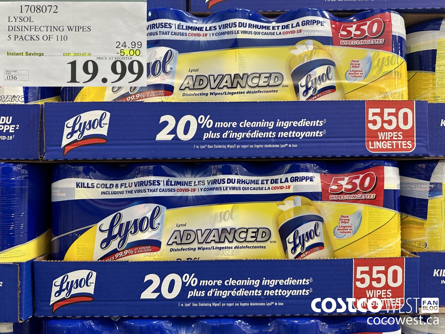 1708072 LYSOL DISINFECTING WIPES 5 X 110 WIPES ($5.00 INSTANT SAVINGS EXPIRES ON 2023-07-23) $19.99