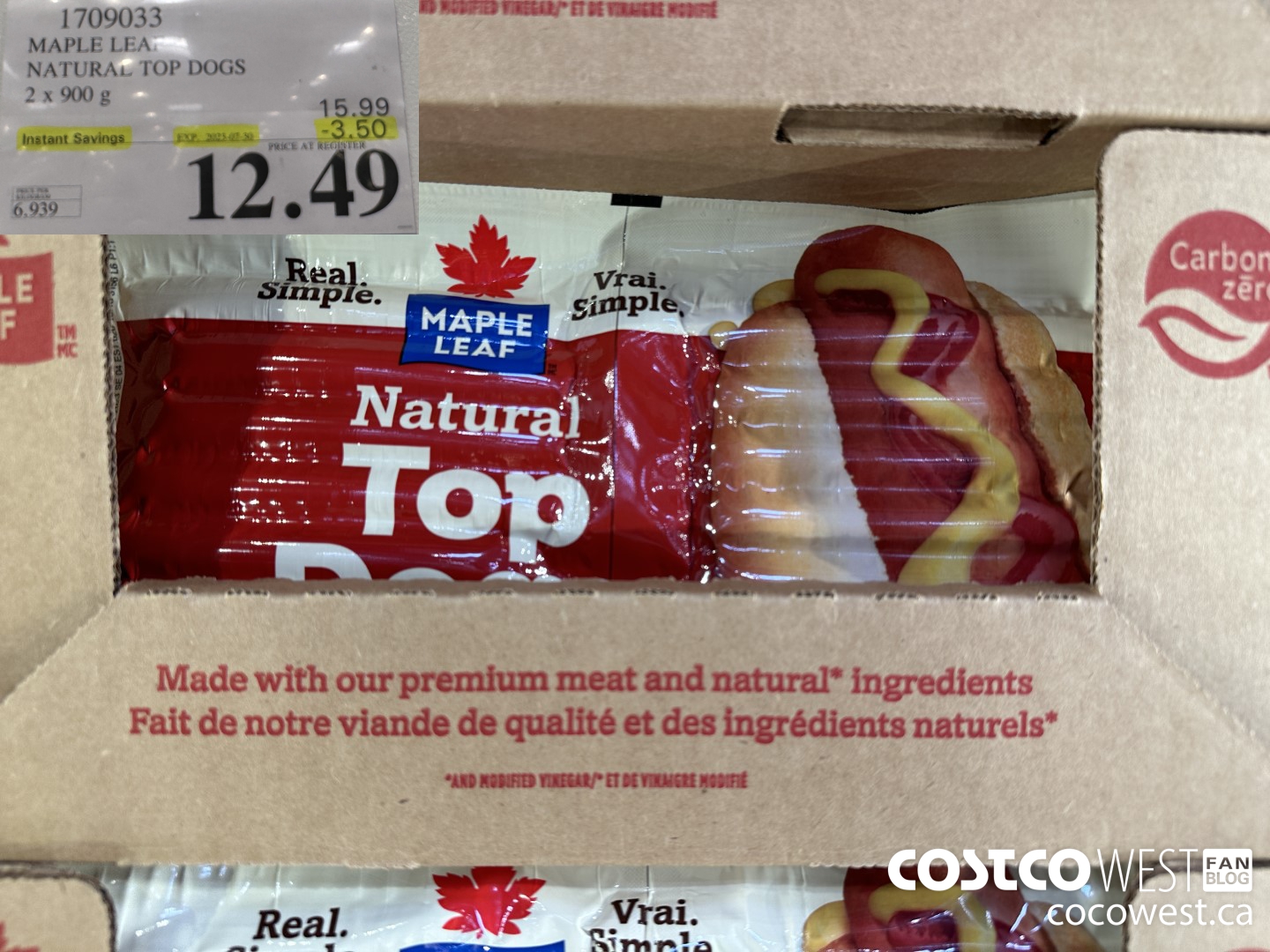 1709033 MAPLE LEAF NATURAL TOP DOGS 2 X 900 G ($3.50 INSTANT SAVINGS EXPIRES ON 2023-07-30) $12.49