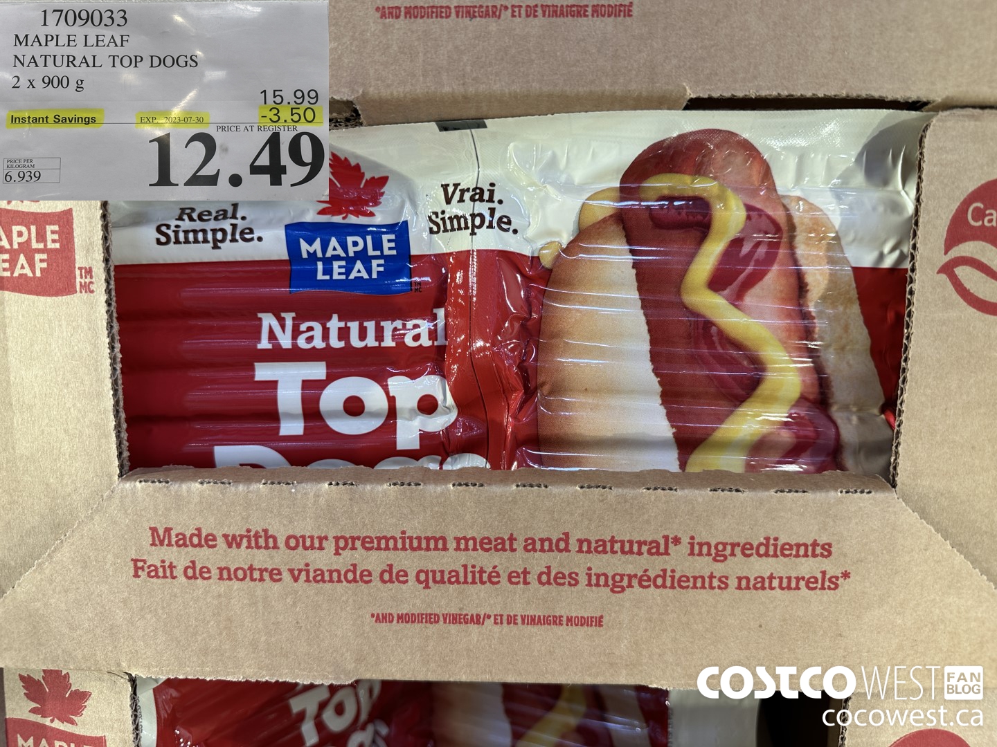 1709033 MAPLE LEAF NATURAL TOP DOGS 2 X 900 G ($3.50 INSTANT SAVINGS EXPIRES ON 2023-07-30) $12.49