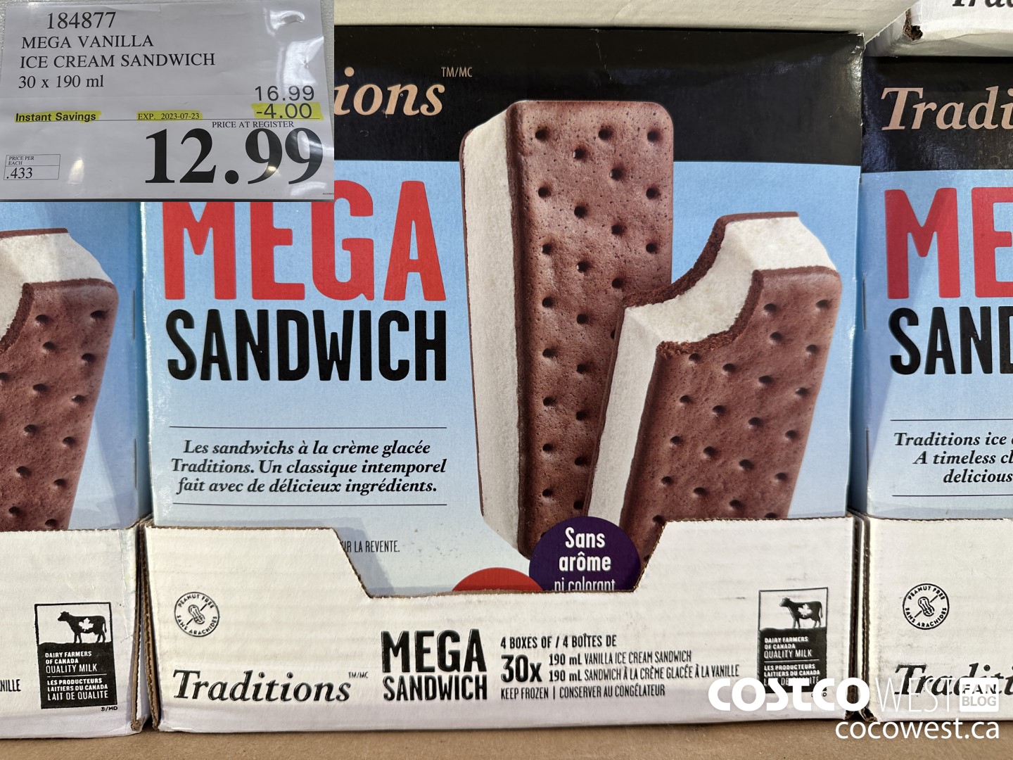 184877 MEGA VANILLA ICE CREAM SANDWICH 30 X 190 ML ($4.00 INSTANT SAVINGS EXPIRES ON 2023-07-23) $12.99