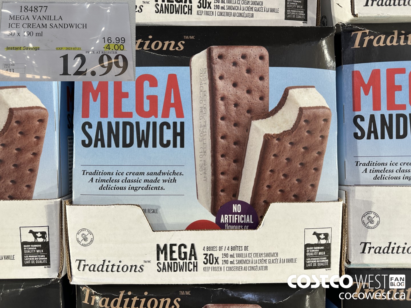 184877 MEGA VANILLA ICE CREAM SANDWICH 30 X 190 ML ($4.00 INSTANT SAVINGS EXPIRES ON 2023-07-23) $12.99