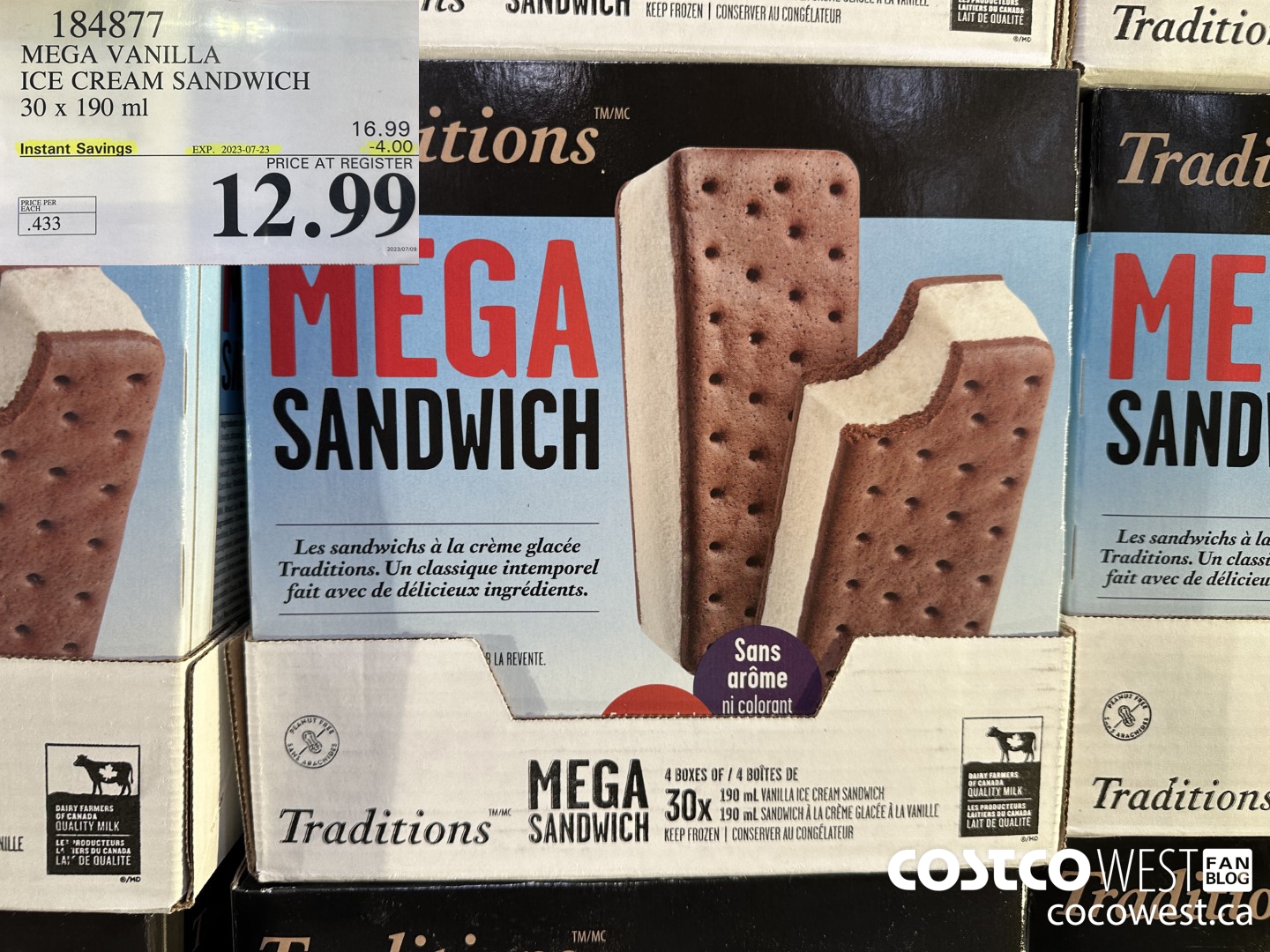 184877 MEGA VANILLA ICE CREAM SANDWICH 30 X 190 ML ($4.00 INSTANT SAVINGS EXPIRES ON 2023-07-23) $12.99