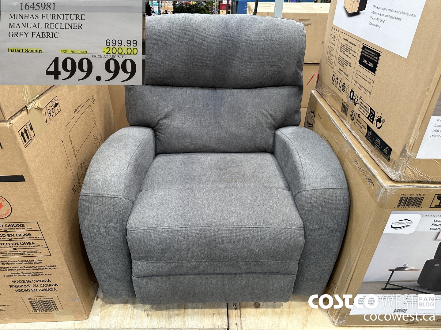 1645981 MINHAS FURNITURE MANUAL RECLINER GREY FABRIC ($200.00 INSTANT SAVINGS EXPIRES ON 2023-07-09) $499.99