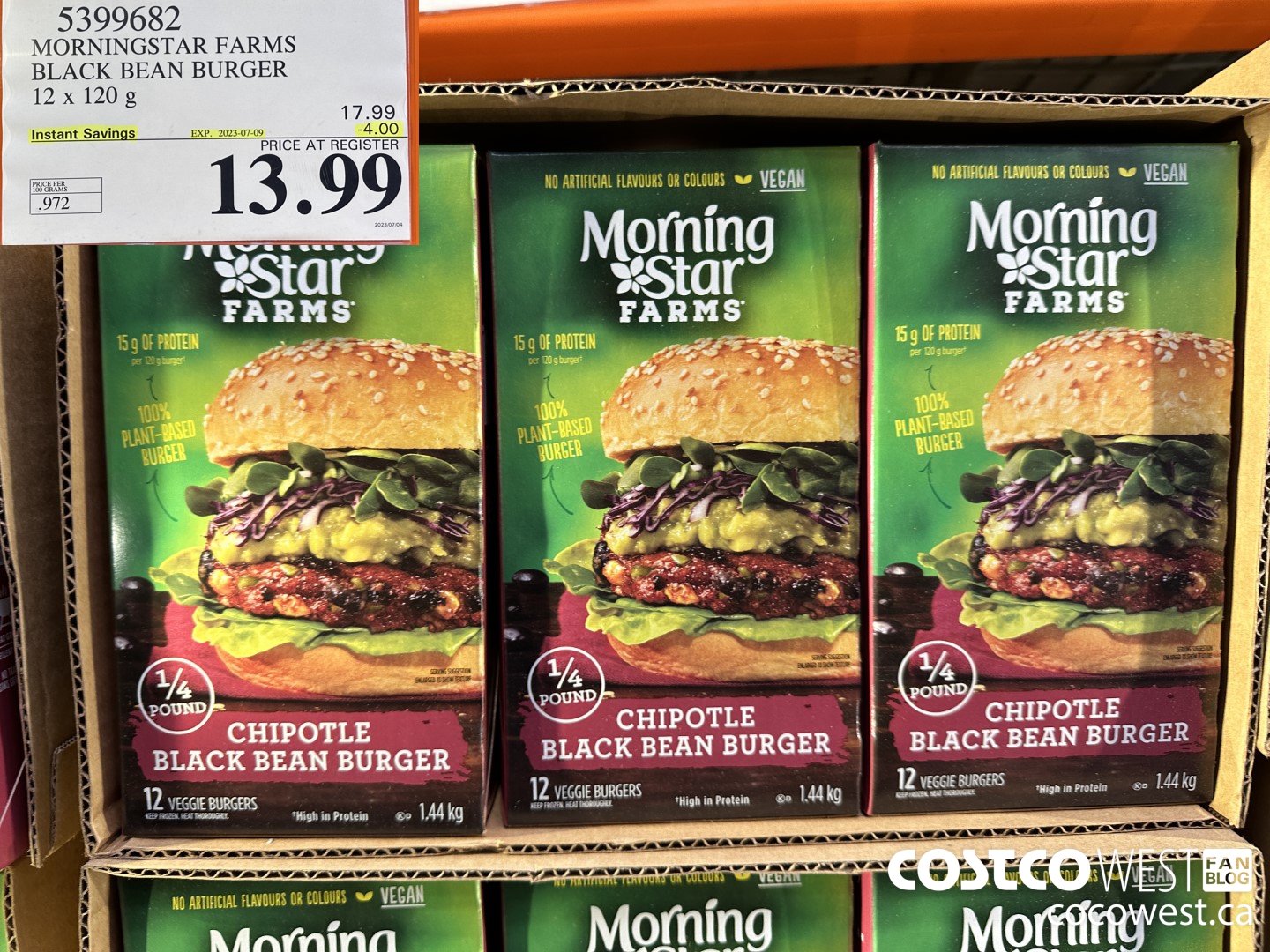 5399682 MORNINGSTAR FARMS BLACK BEAN BURGER 12 x 120g ($4.00 INSTANT SAVINGS EXPIRES ON 2023-07-09) $13.99