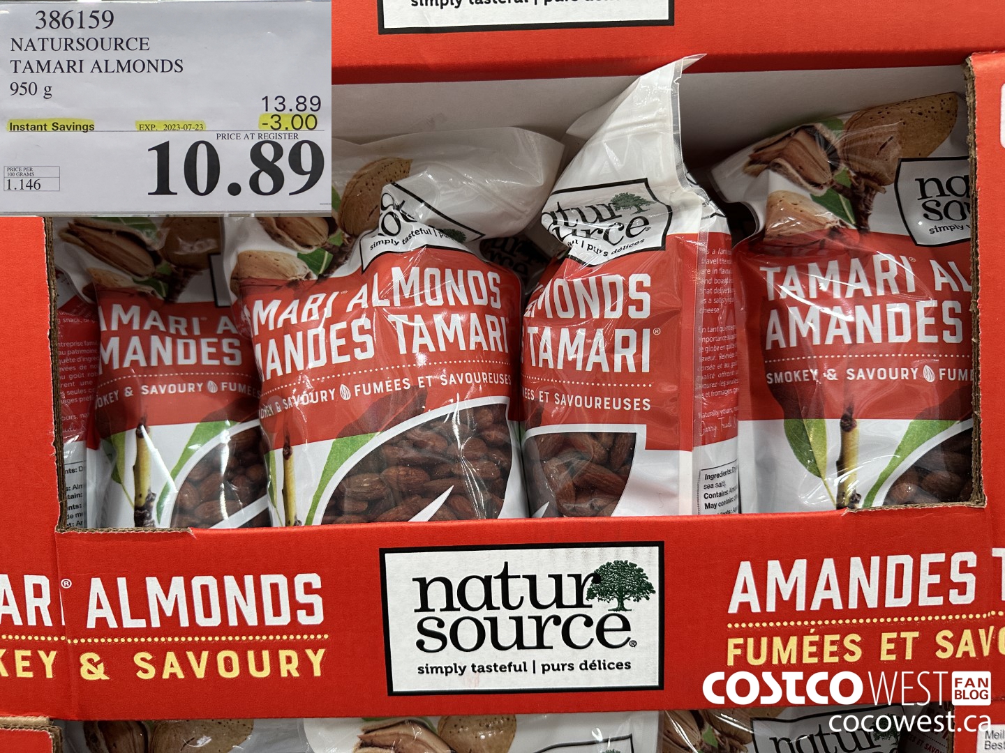 386159 NATURSOURCE TAMARI ALMONDS 950 g ($3.00 INSTANT SAVINGS EXPIRES ON 2023-07-23) $10.89
