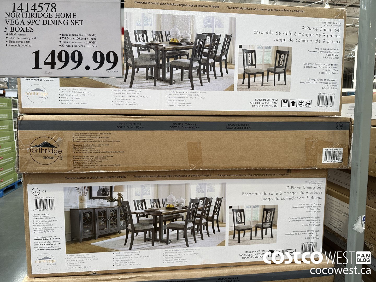 1414578 NORTHRIDGE HOME VEGA 9PC DINING SET 5 BOXES $1499.99
