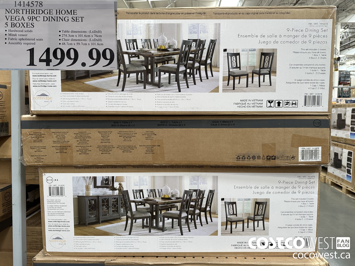 1414578 NORTHRIDGE HOME VEGA 9PC DINING SET 5 BOXES $1499.99
