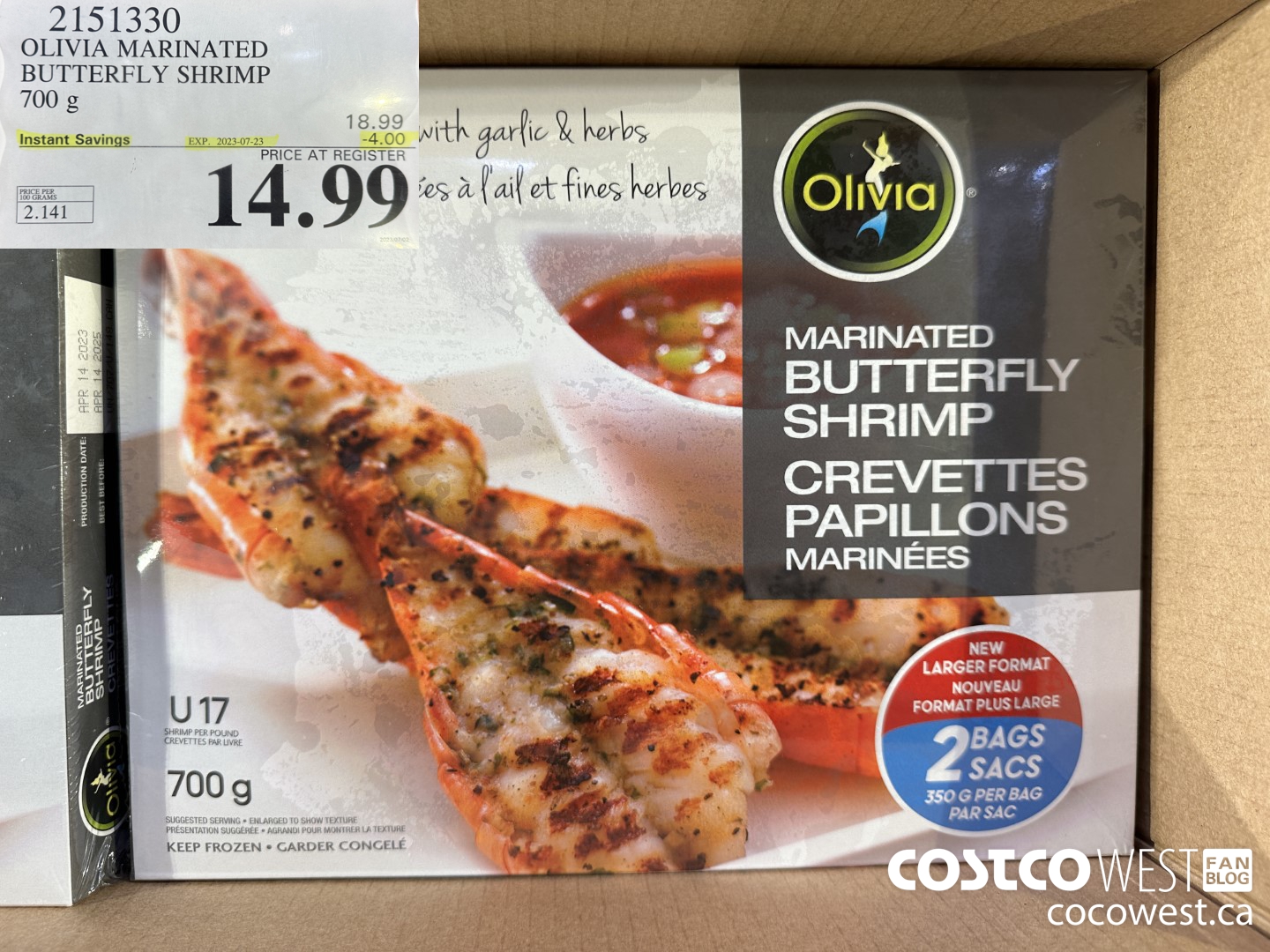 2151330 OLIVIA MARINATED BUTTERFLY SHRIMP 700G ($4.00 INSTANT SAVINGS EXPIRES ON 2023-07-23) $14.99