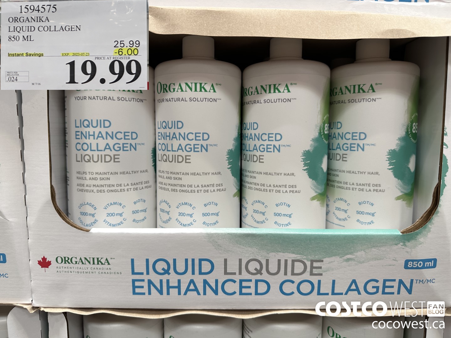 1594575 ORGANIKA LIQUID COLLAGEN 850 ML ($6.00 INSTANT SAVINGS EXPIRES ON 2023-07-23) $19.99