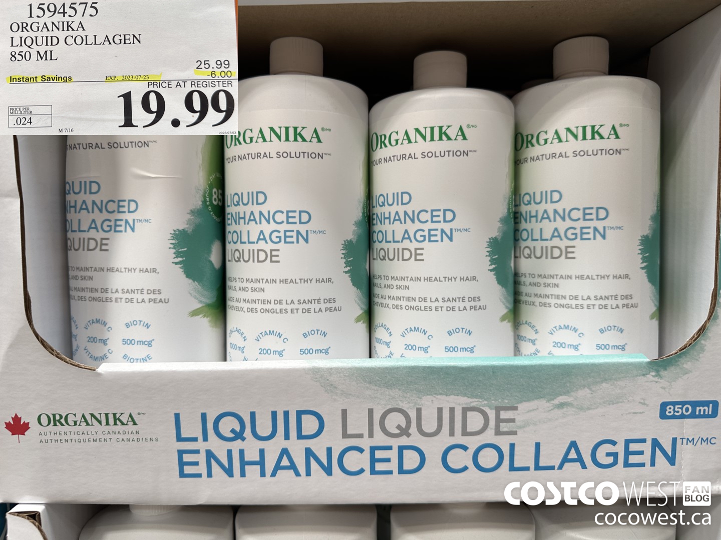 1594575 ORGANIKA LIQUID COLLAGEN 850 ML ($6.00 INSTANT SAVINGS EXPIRES ON 2023-07-23) $19.99