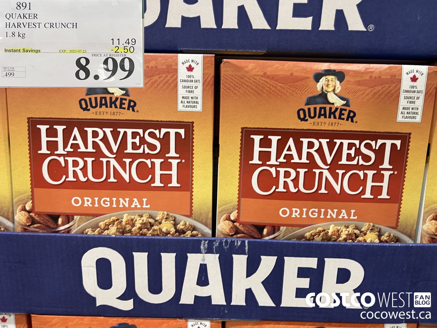891 QUAKER HARVEST CRUNCH 1.8 KG ($2.50 INSTANT SAVINGS EXPIRES ON 2023-07-23) $8.99