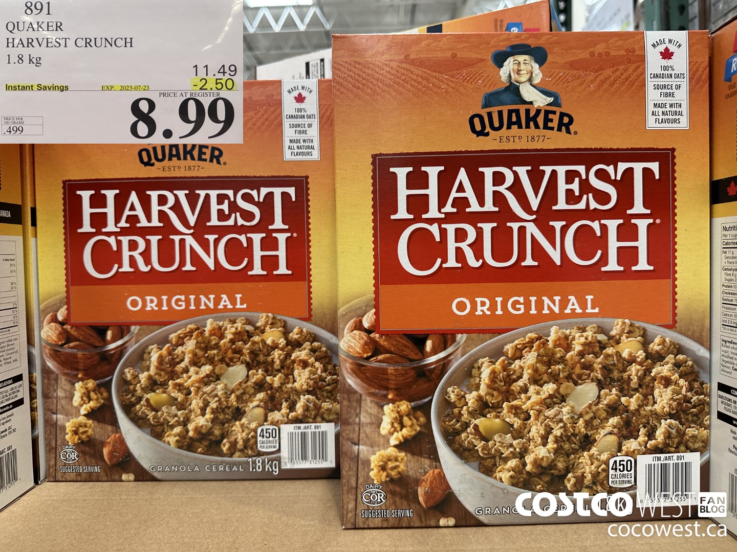 891 QUAKER HARVEST CRUNCH 1.8 KG ($2.50 INSTANT SAVINGS EXPIRES ON 2023-07-23) $8.99