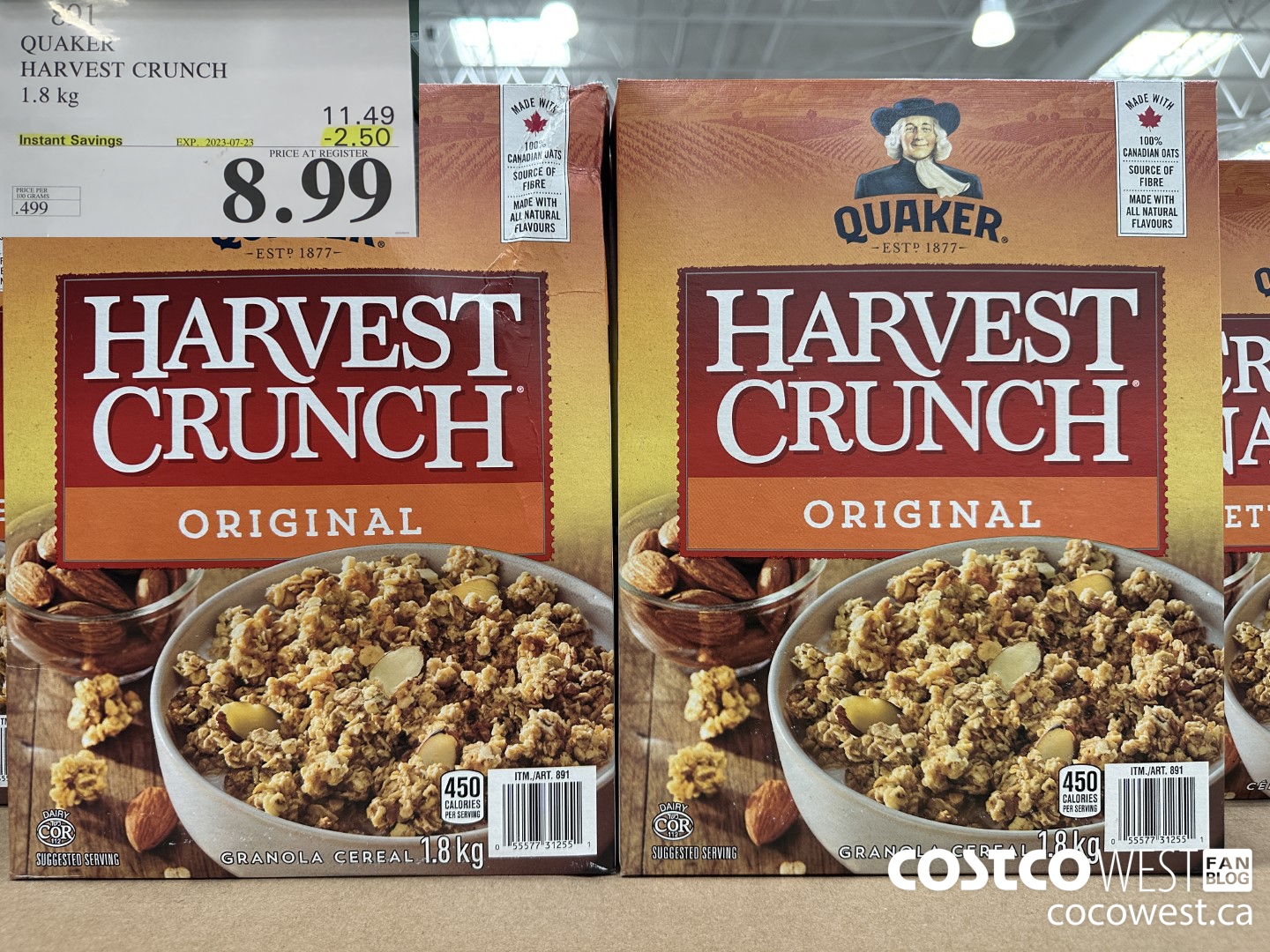 891 QUAKER HARVEST CRUNCH 1.8 KG ($2.50 INSTANT SAVINGS EXPIRES ON 2023-07-23) $8.99