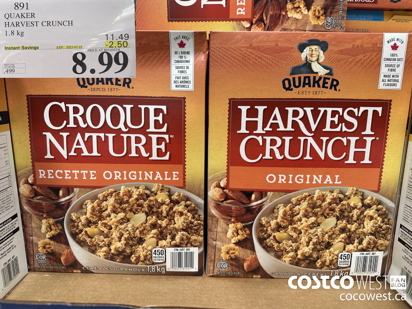891 QUAKER HARVEST CRUNCH 1.8 KG ($2.50 INSTANT SAVINGS EXPIRES ON 2023-07-23) $8.99