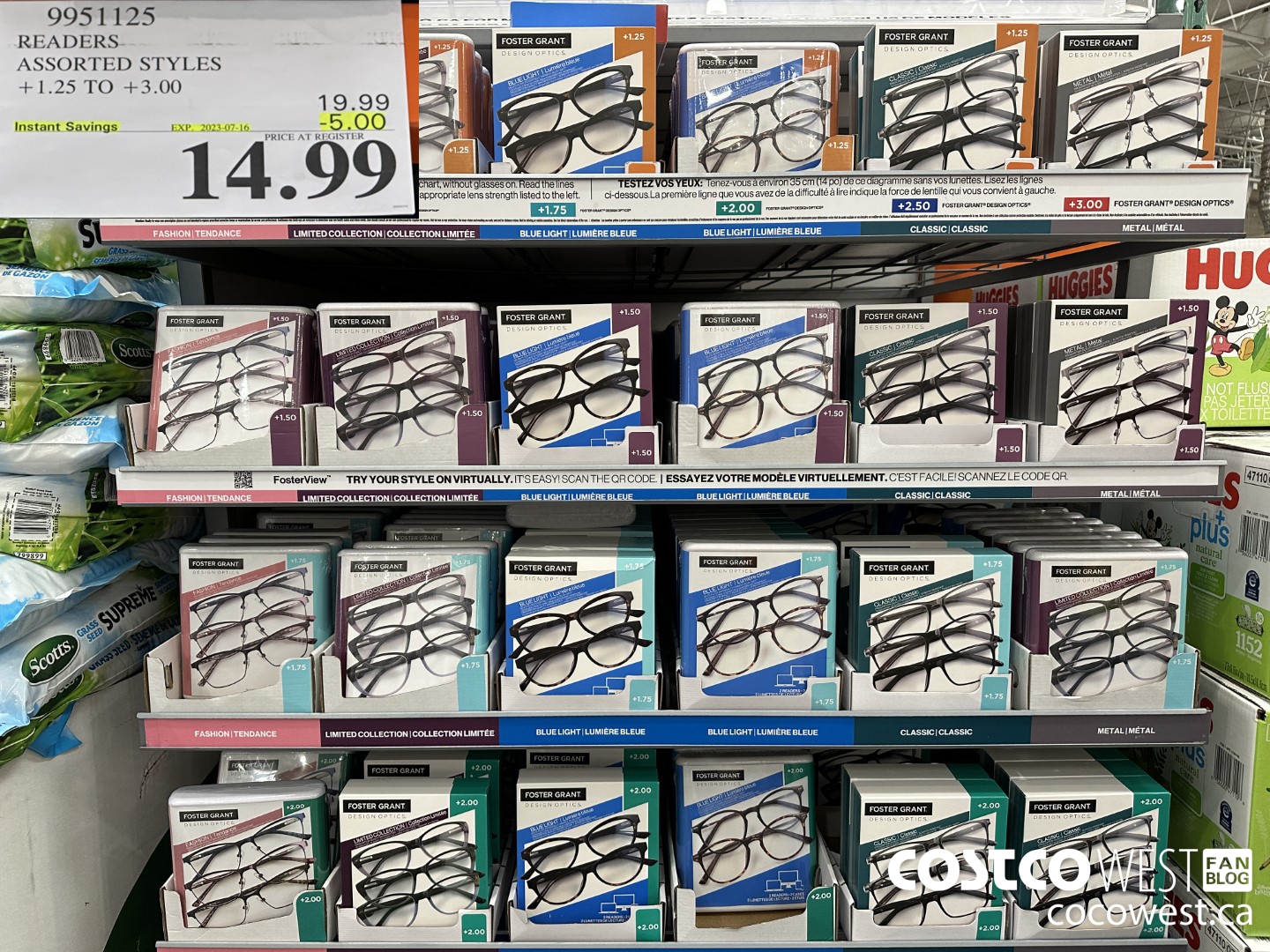 9951125 READERS ASSORTED STYLES +1.25 TO +3.00 ($5.00 INSTANT SAVINGS EXPIRES ON 2023-07-16) $14.99