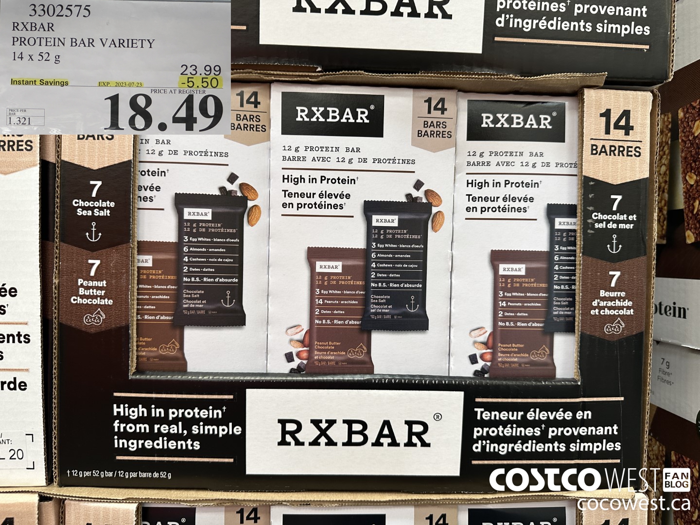 3302575 RXBAR PROTEIN BAR VARIETY 14 X 52 G ($5.50 INSTANT SAVINGS EXPIRES ON 2023-07-23) $18.49