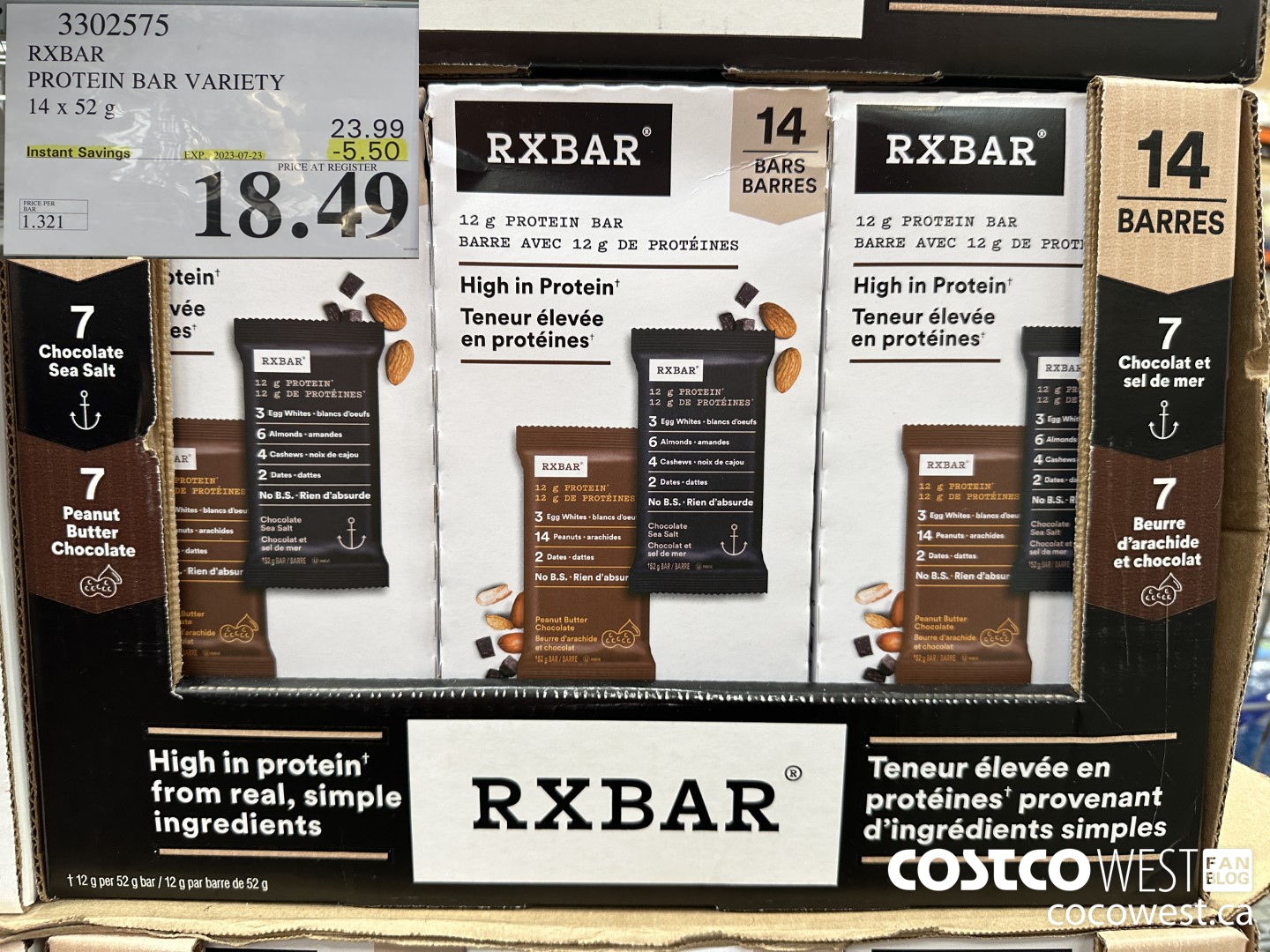 3302575 RXBAR PROTEIN BAR VARIETY 14x52g ($5.50 INSTANT SAVINGS EXPIRES ON 2023-07-23) $18.49